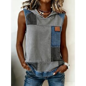 Casual Hooded Sleeveless Patchwork Denim-trimmed Loose-fitting Vest Sweatshirt For Women (Option: Blue gray-L)