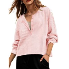 Fisoew Womens Cropped Sweatshirt Casual Waffle Knit Button V Neck Long Sleeve Loose Fit Fall Crop Tops (Option: Light Pink-XXL)