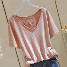 Versatile Patchwork Bamboo-cotton Thin Summer Short-sleeve Top (Option: Leather Pink-XL)