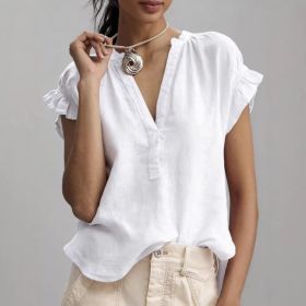 Women's Casual V-Neck Short-Sleeve Solid Color Cotton-Linen Top (Option: White-L)