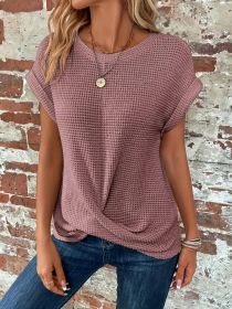 Short-sleeved Waffle T-shirt Summer New Solid Color Crew Neck Top For Womens Clothing (Option: Lotus Root Color-S)