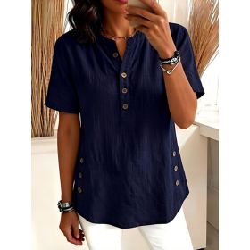 Womens Casual Loose-fitting Pullover Short-sleeve Top (Option: Navy Blue-2XL)