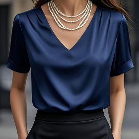 Summer Solid Color Pendant Small V-neck Short-sleeved Shirt Comfortable All-matching (Option: Navy Blue-S)