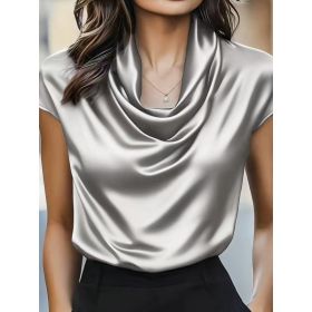 Womens Solid-color Boat-neck Drapey Short-sleeve Top (Option: Silver-M)