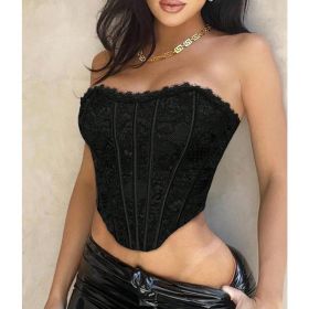 Women's Floral Lace Corset Top Gothic Sexy Lace Up Strapless Tube Tops Backless Party Corset Cropped (Option: XL)