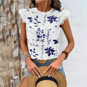 Women's Summer Geometric Leaf Print Tops Lace Cap Sleeve Crew Neck Shirts Blouse (Option: White Blue-2XL)