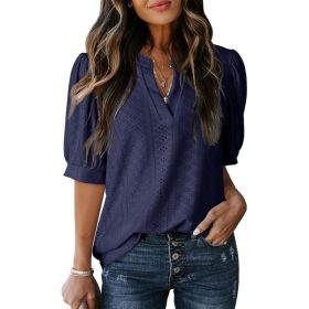 Women's Summer Business Casual Blouse V-neck Short Sleeve Shirt (Option: Navy Blue-L)