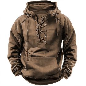 Ins Lace-up Hoodie Casual Sports Pocket Sweatshirt Men's Long-sleeved Top Clothing (Option: Khaki-S)