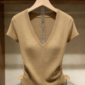 Solid-color Knitted Top For Women Super Stylish Slim-fit (Option: Khaki-S)