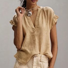 Women's Casual V-Neck Short-Sleeve Solid Color Cotton-Linen Top (Option: Khaki-S)