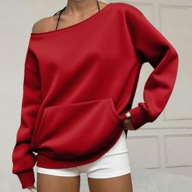 Fashionable Pullover Crew-Neck Off-Shoulder Sweatshirt For Women (Option: Red-S)