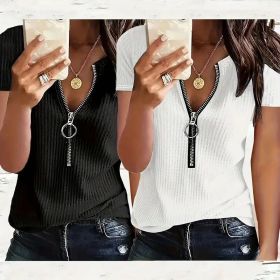 2 Pack Women's Zipper V Neck Short Sleeve Tunic Tops Loose Fit Summer T Shirts Blouse (Option: Black White-S)