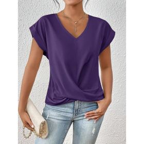 Women's Comfy Casual Summer Tops Short Sleeve V Neck Blouses T Shirts Twist Knot Basic Tees (Option: Dark Purple-L)