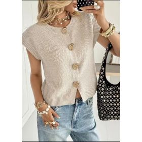 European And American-style Round-neck Short-sleeved Knitted Cardigan (Option: Beige-XS)