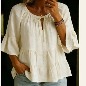 V-neck Three-quarter-sleeve Pleated Cotton-linen Blouse Top (Option: Light yellow-S)