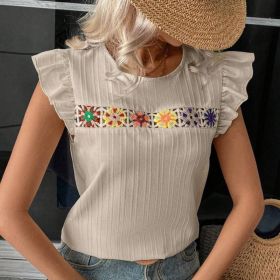Women's Ruffle Short Sleeve Summer Tops Cute Crew Neck Floral Crochet Blouses Shirts (Option: Apricot-XL)