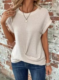 Short-sleeved Waffle T-shirt Summer New Solid Color Crew Neck Top For Womens Clothing (Option: Milky White-XL)