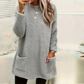 Women's Long Sleeved Pocket Plush Hoodie T-shirt (Option: Grey-2XL)