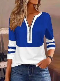 Women's V-collar Contrast Color Striped Loose Zip Long-sleeved T-shirt (Option: Blue-XXL)
