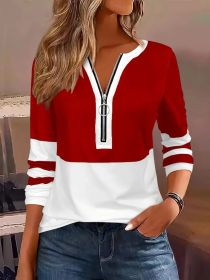 Women's V-collar Contrast Color Striped Loose Zip Long-sleeved T-shirt (Option: Red-XXL)