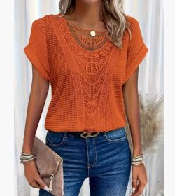 Summer Hollow Out Short-sleeved T-shirt Fashion Ethnic Style Tops Women's Clothing (Option: Orange Red 02-XXL)