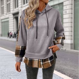 European And American Long Sleeve Plaid Colorblock Hooded Velvet Padded Sweater (Option: Light grey-XL)