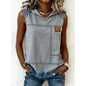 Casual Hooded Sleeveless Patchwork Denim-trimmed Loose-fitting Vest Sweatshirt For Women (Option: Gray-S)
