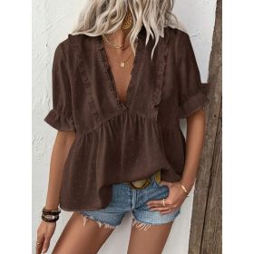 Women's Casual Solid Color Lace-trimmed V-neck T-shirt Top (Option: Coffee-XL)