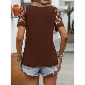 Womens Chain Hollow-out Hot-studded Short-sleeve Top (Option: Brown-XXL)