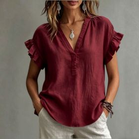 Women's Casual V-Neck Cotton-Linen Blouse Top Summer Ruffle Short-Sleeve Solid Color Office Daily Wear Shirts (Option: Wine Red-S)