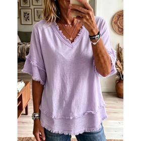 Casual Women's Shirt V-Neck Short Sleeve Loose Fit Pure Color Summer Fashion Trend Pullover Tops For Daily Wear (Option: Purple-XL)