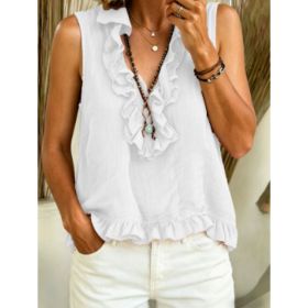Fashionable V-neck Ruffled Sleeveless Tank Top (Option: White1-M)