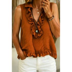 Fashionable V-neck Ruffled Sleeveless Tank Top (Option: Light Brown-M)