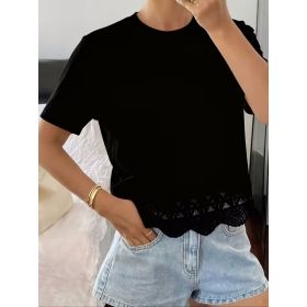 Women's Solid Color Versatile Hollow-Out Spliced Short-Sleeve (Option: Black-L)