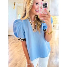 Leopard-print Contrast-color V-neck Puffed-sleeve Top (Option: Sky blue-S)
