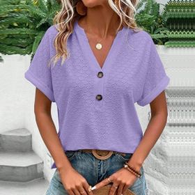 Women's Casual V-Neck Blouse Short Sleeve Loose Fit Button Front Solid Color Top (Option: Purple-XXL)