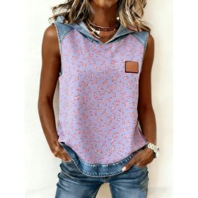 Casual Hooded Sleeveless Patchwork Denim-trimmed Loose-fitting Vest Sweatshirt For Women (Option: Purple-L)