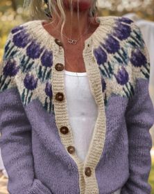 3D Digital Printing Cardigan Knitted Coat (Option: Purple-L)