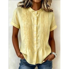Fashionable Buttoned Stand-collar Solid-color Short-sleeve Shirt (Option: Yellow-S)