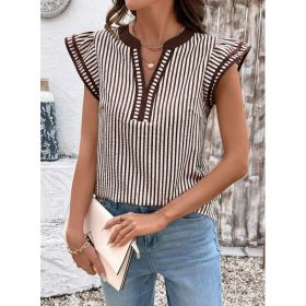 Khaki Stripe Double Ruffled Short Sleeve V Neck Blouse (Option: Light Brown-S)