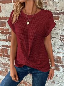 Short-sleeved Waffle T-shirt Summer New Solid Color Crew Neck Top For Womens Clothing (Option: Wine Red-L)