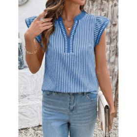Khaki Stripe Double Ruffled Short Sleeve V Neck Blouse (Option: Blue-L)