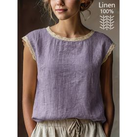 Loose Solid-Color Crew-Neck Lace Sleeveless Cotton-Linen Shirt (Option: Purple-S)