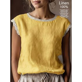 Loose Solid-Color Crew-Neck Lace Sleeveless Cotton-Linen Shirt (Option: Yellow-S)