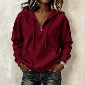 Womens Casual Long-sleeve Hooded Sweatshirt With Pockets And A Zipper (Option: Wine Red-L)