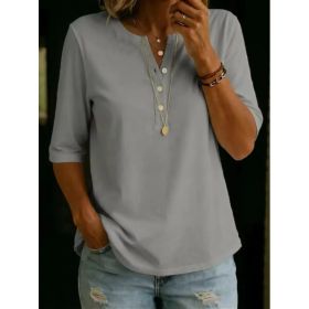 Women's Solid-Colored Cotton Button-Down Half-Sleeve Shirt (Option: Gray-S)
