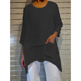 2026 Cross-border Summer New Women's Plus Size Elegant Series Loose Garden Collar Long-sleeved Top T-shirt (Option: Black-5XL)