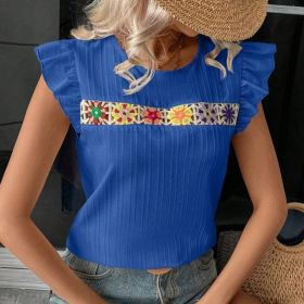 Women's Ruffle Short Sleeve Summer Tops Cute Crew Neck Floral Crochet Blouses Shirts (Option: Blue-S)