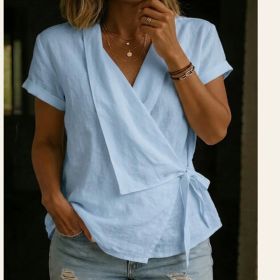 Women's Casual Lapel Collar Lace-Up Short-Sleeve Top (Option: Blue-2XL)