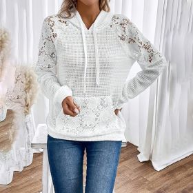 Women's Solid Color Casual Hooded Sweatshirt With Lace-Trimmed Sheer Sleeves & Large Lace Pockets, Pullover Hoodie (Option: White-XL)